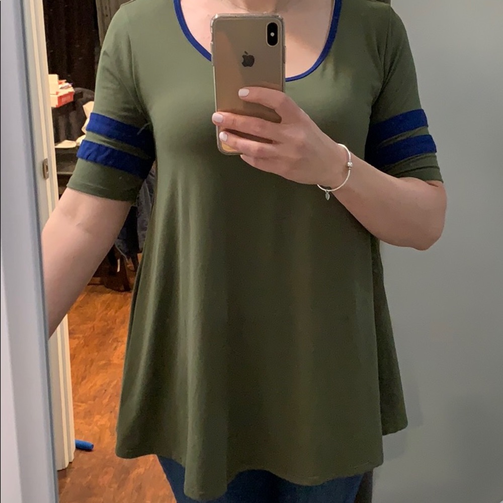 LuLaroe Perfect T Olive Green with Navy stripes